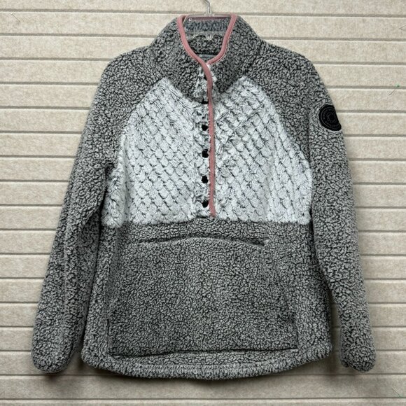Tops - Simply Southern Sherpa Fleece Pullover Gray White Button Front Women’s Small